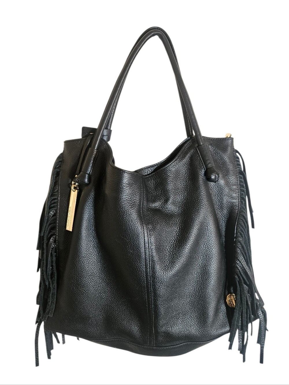 Vince Camuto "Rae" Fringe Black Pebbled Leather Tote Bag